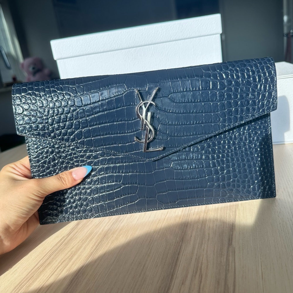 Saint Laurent Uptown Pouch In Crocodile-Embossed Shiny Leather